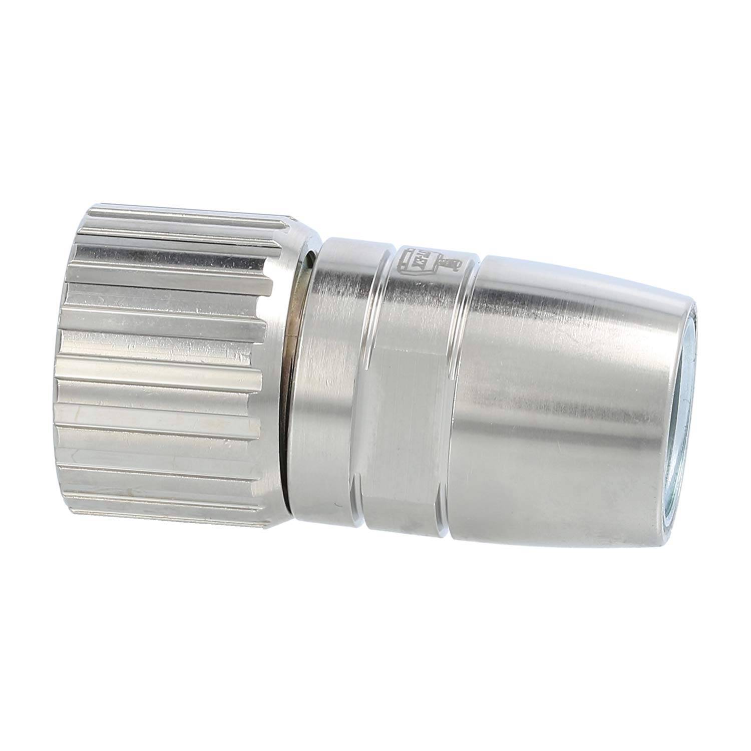 Ein metallischer, zylindrischer Koaxialkabelstecker vom Typ F mit geripptem Griff und Gewindespitze, entwickelt für sichere Verbindungen.