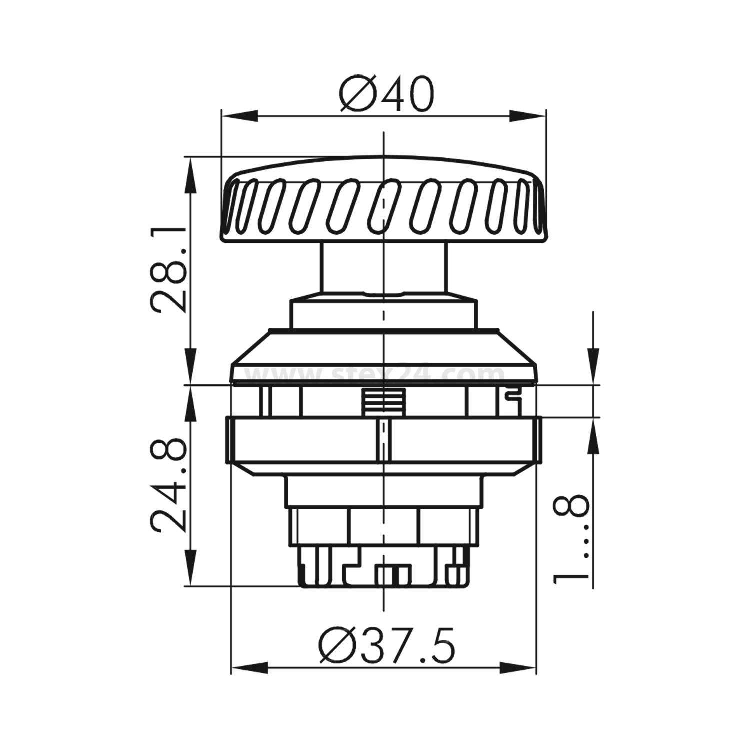 Dieses Diagramm zeigt einen Drehschalter mit den Abmessungen: 40mm Durchmesser, 28,1mm Höhe und 37,5mm Basis. Er hat einen gerillten Knopf.
