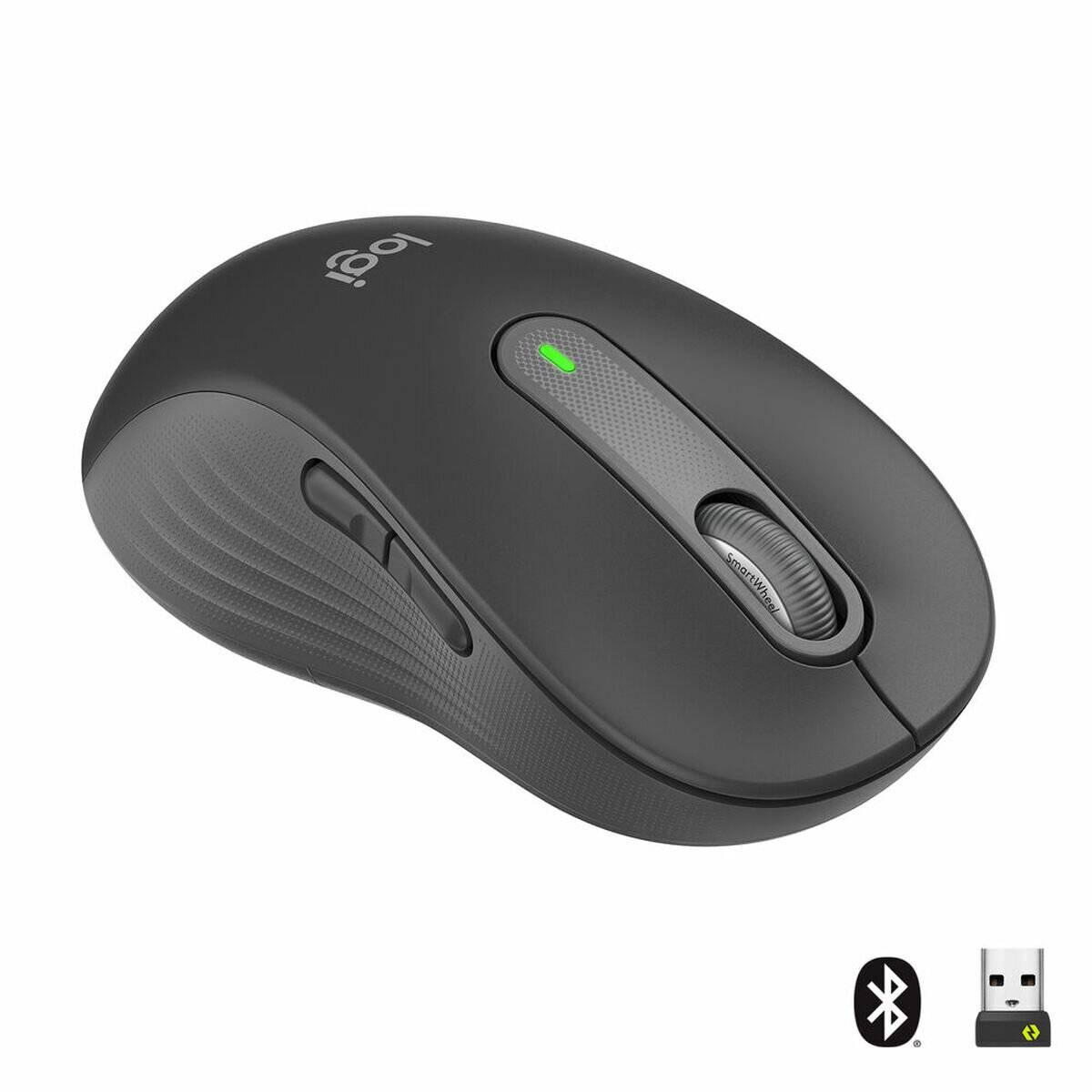 Eine schwarze Computermaus mit Scrollrad und Seitentasten. Bluetooth- und USB-Empfänger-Symbole deuten auf zwei Konnektivitätsoptionen hin.