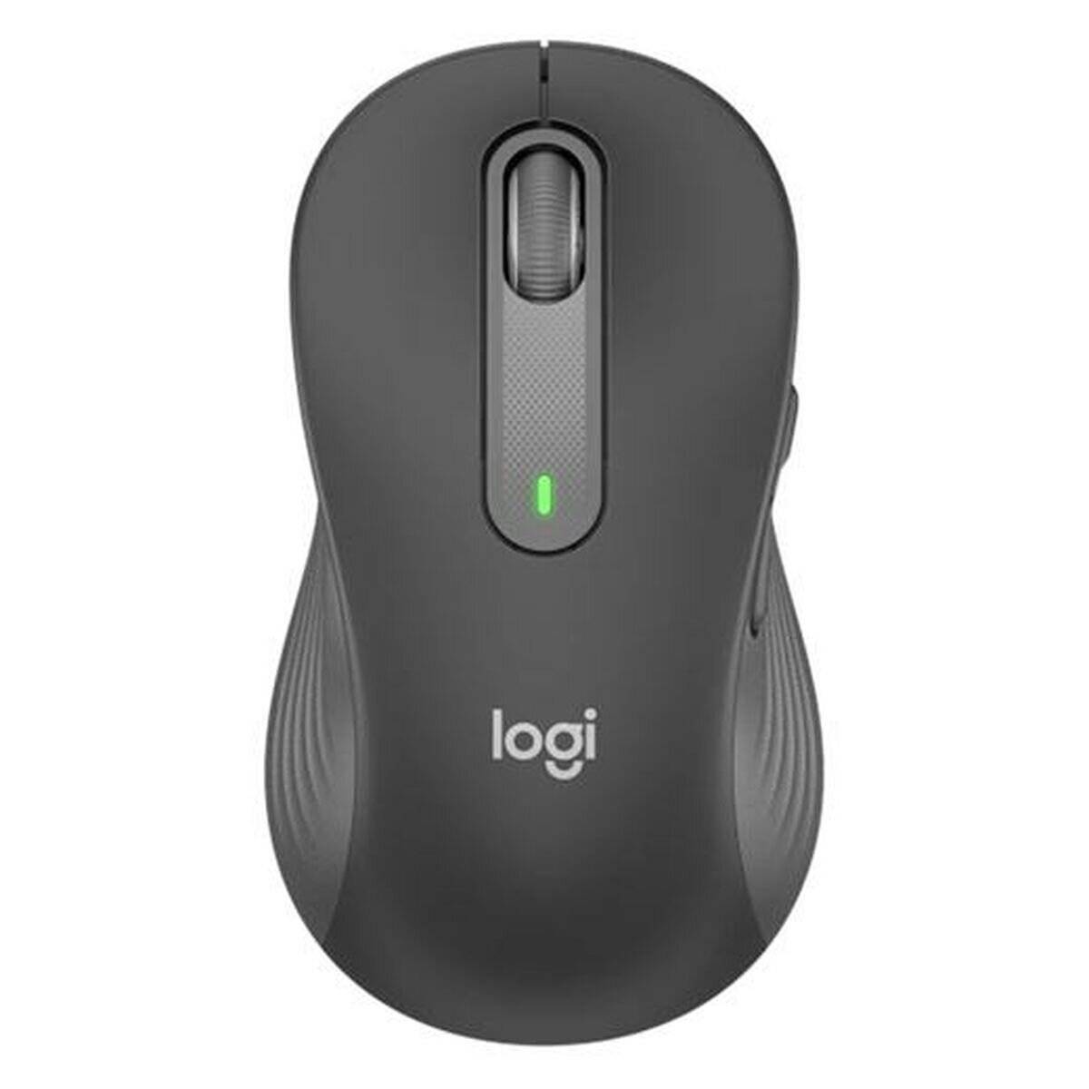 Eine schwarze kabellose Maus mit einem Scrollrad und einer LED-Anzeigelampe, mit dem Logo 