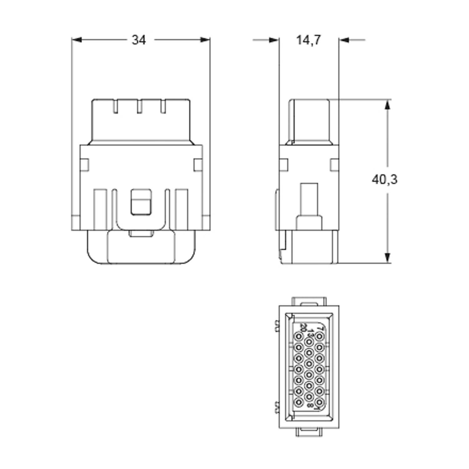RX 20S IF I.L.M.E. Buchseneinsatz, MIXO HNM, 1ME, 20P+GND, Crimpanschluss, 4A, 32V - 1 Stück
