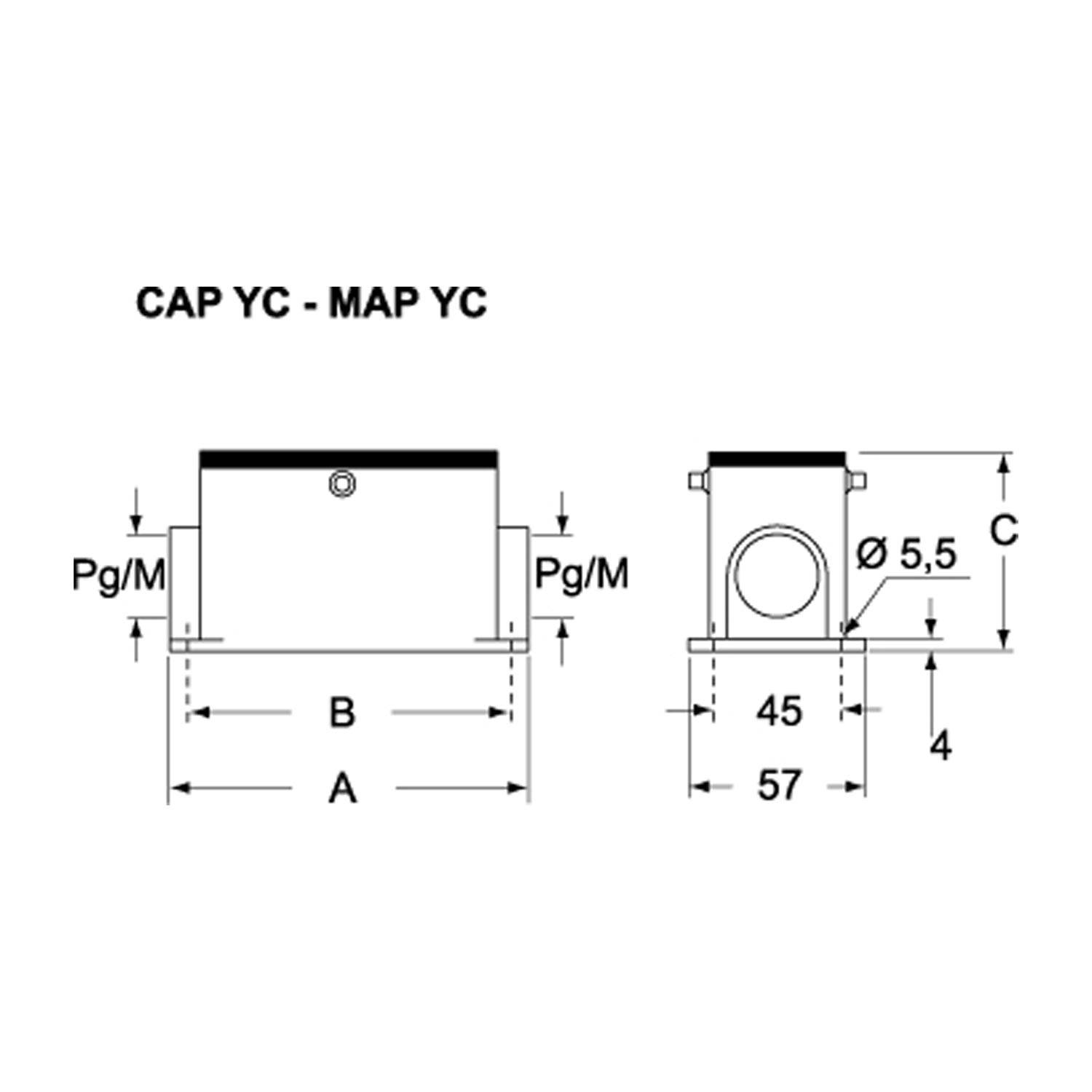 Sockelgehäuse, hoch, Größe 44.27, Zentralbügel Alu, 2 Bolzen, 2xM32 seitlich - 5 Stück