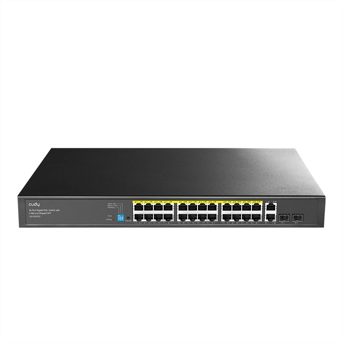 Frontansicht eines Cudy-Netzwerk-Switches mit mehreren Ethernet-Anschlüssen und Statusanzeigen auf weißem Hintergrund.