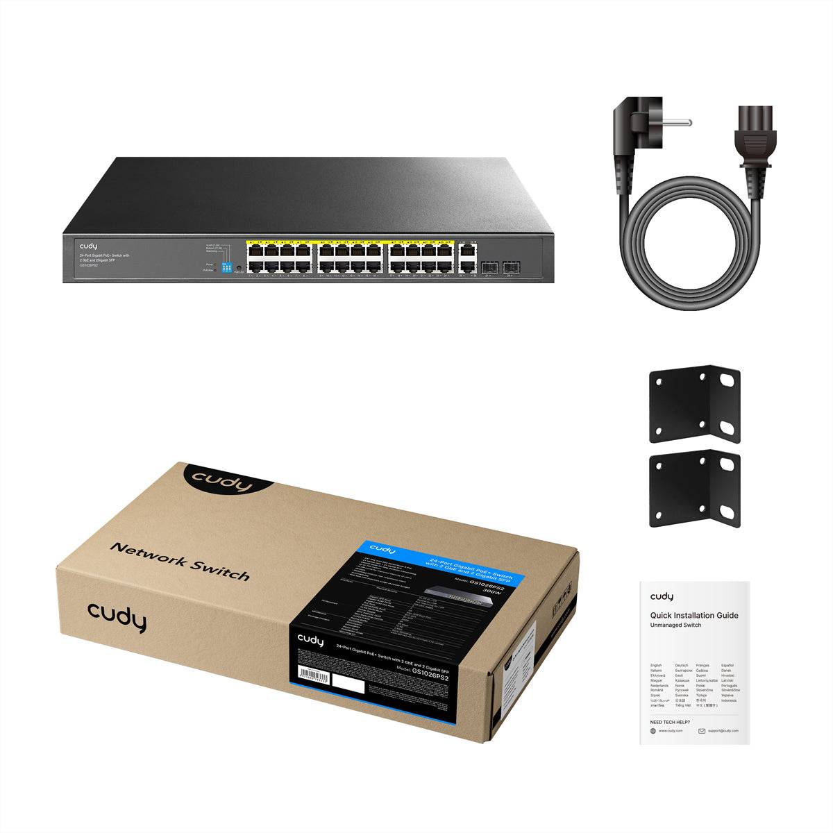 Cudy Netzwerk-Switch-Set mit 24-Port-Switch, Stromkabel, Wandmontage-Halterungen, Verpackungskarton und Schnellinstallationsanleitung.