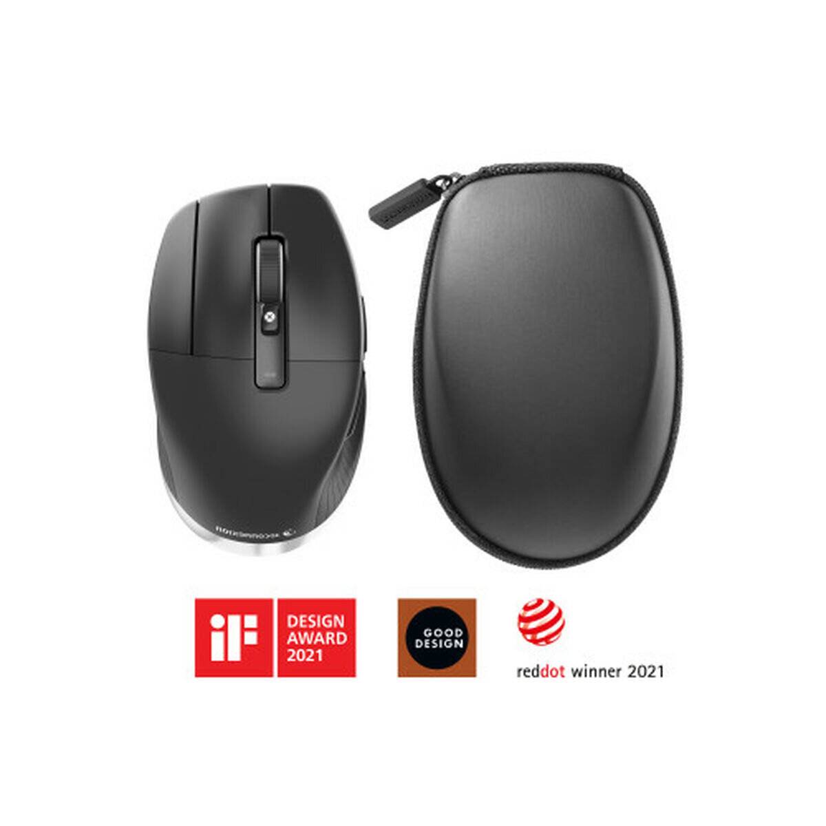 Kabellose ergonomische Maus mit Schutzkoffer dargestellt. Enthält Logos von „iF Design Award 2021