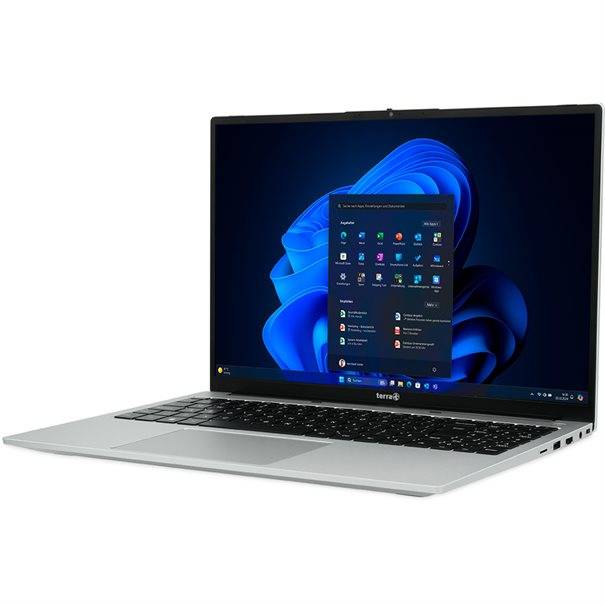 Ein eleganter, aufgeklappter Laptop, der eine lebendige blaue Betriebssystem-Oberfläche auf seinem Bildschirm in einer hell beleuchteten Umgebung anzeigt.