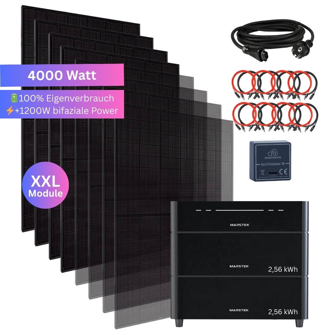 4000-Watt-Solarpanel-Set' umfasst sechs bifaziale Panele, Wechselrichter, Kabel und Stecker-Bundle. Ausgelegt für XXL-Module mit 1200W bifazialer Leistung.