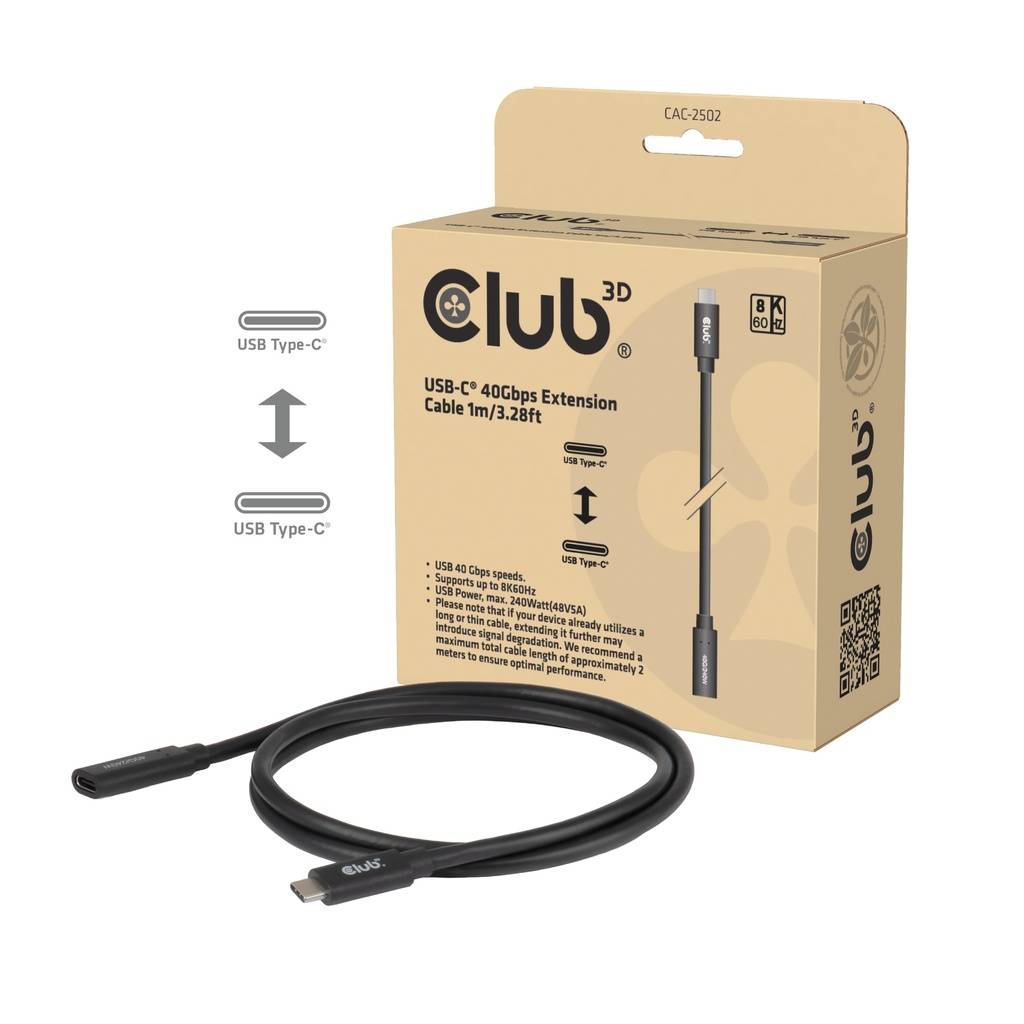 Club 3D USB-C 40Gbps Verlängerungskabel, 1m/3,28ft, gezeigt mit Produktbox und USB Typ-C Anschlüssen.