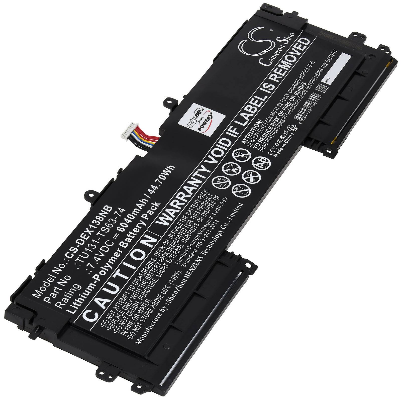 Ein dünner schwarzer Lithium-Polymer-Akku für einen Dell XPS 13-Laptop mit Modelldetails, einem Warnschild und farbcodierten Verbindungskabeln.