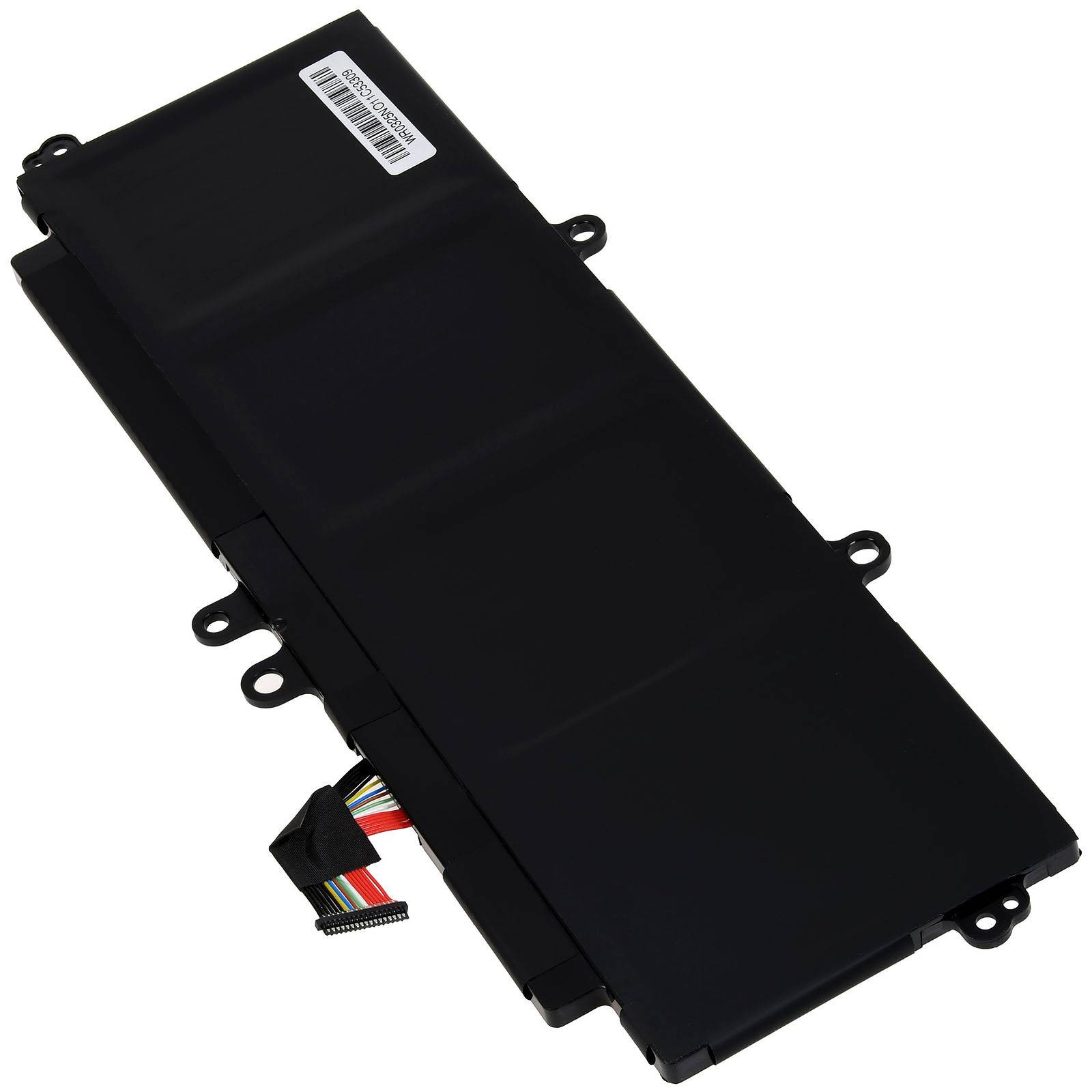 Ein schwarzer Laptop-Akku mit einem mehrfarbigen Kabel, das daran befestigt ist, vor weißem Hintergrund dargestellt.