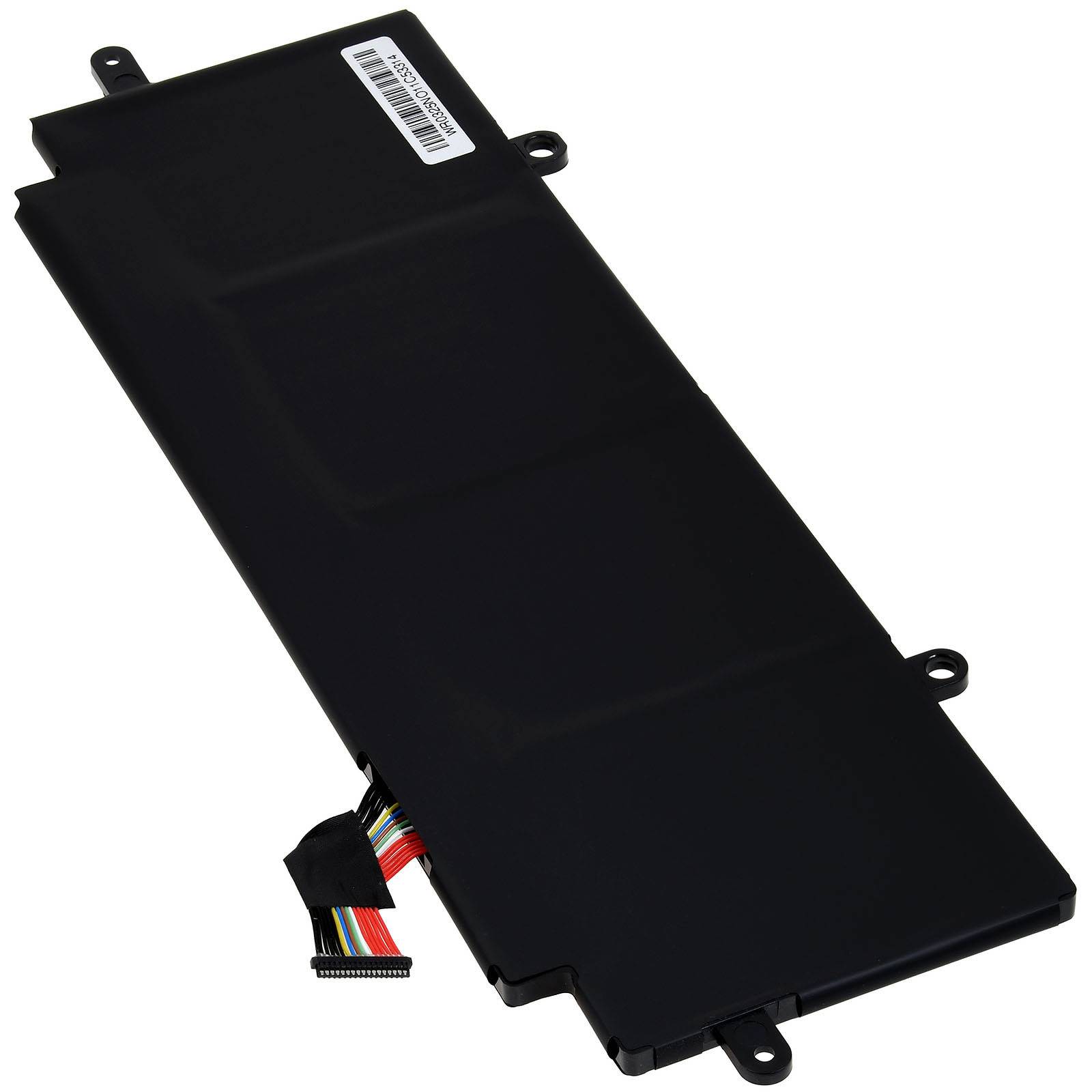 Ein rechteckiges, schwarzes Lithium-Ionen-Laptop-Akku mit einem mehrfarbigen Anschllusskabel in der Ansicht von oben im Winkel dargestellt.