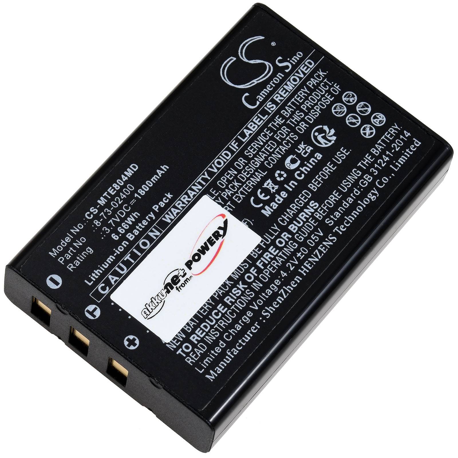 Ersatzbatterie für Mitac Mio, Modell CS-MTE600MD, 3,7V, Kapazität 1800mAh. Vorsicht: Die Garantie verfällt, wenn das Etikett entfernt wird.