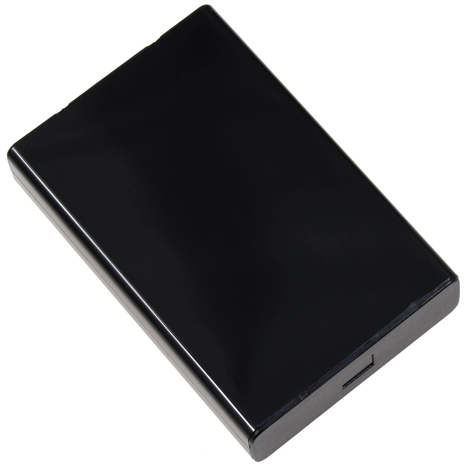 Ein elegantes schwarzes Gehäuse für externe Festplatten mit einem USB-Anschluss, schräg auf weißem Hintergrund dargestellt.