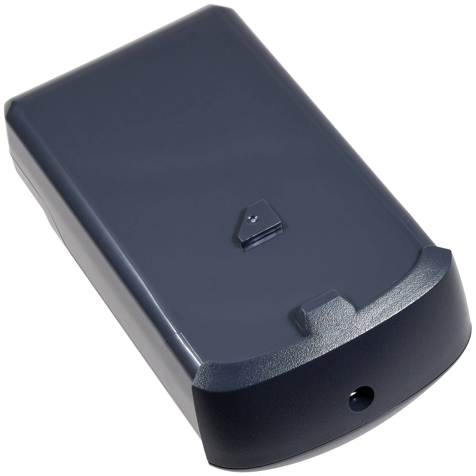 Ein schwarzes Kunststoff-Batteriepack mit einem Schalter und einer kreisförmigen Anschlussöffnung zur Verbindung.