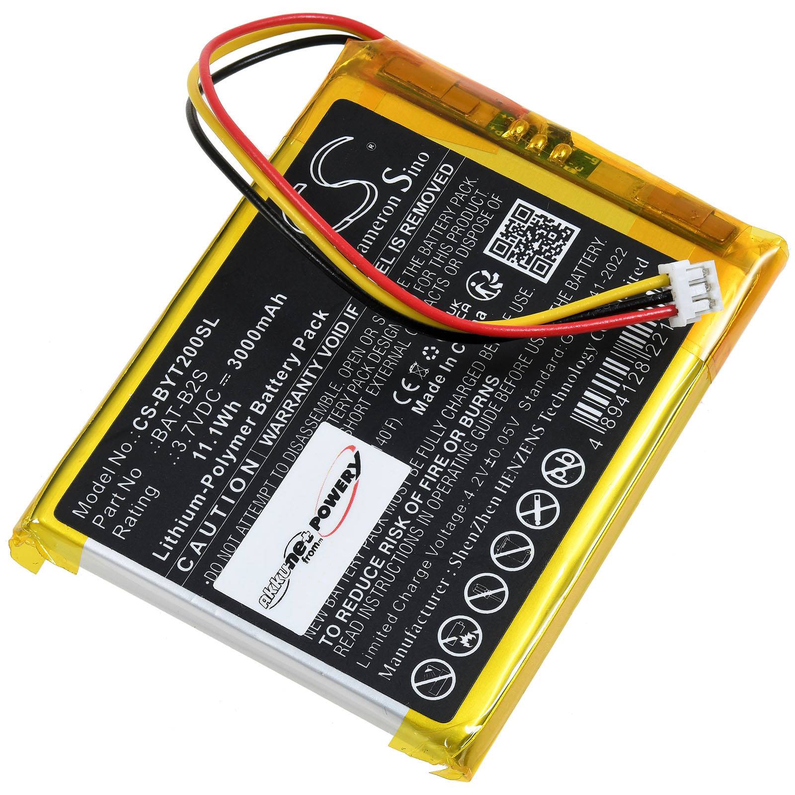 Ein rechteckiges Lithium-Polymer-Akku mit Drähten und einem Stecker. Der Text enthält folgende Spezifikationen: „3000mAh, 3,7V, Lithium-Polymer-Akkupack