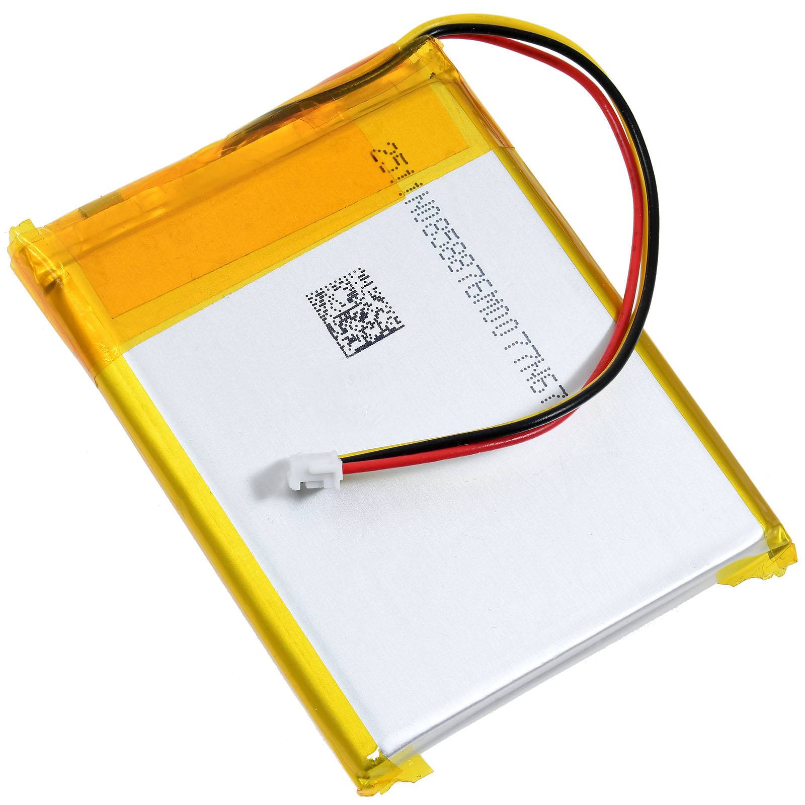 Ein rechteckiger Lithium-Polymer-Akku mit gelbem Gehäuse und angebrachten roten, schwarzen und gelben Leitungen, entwickelt für elektronische Geräte.