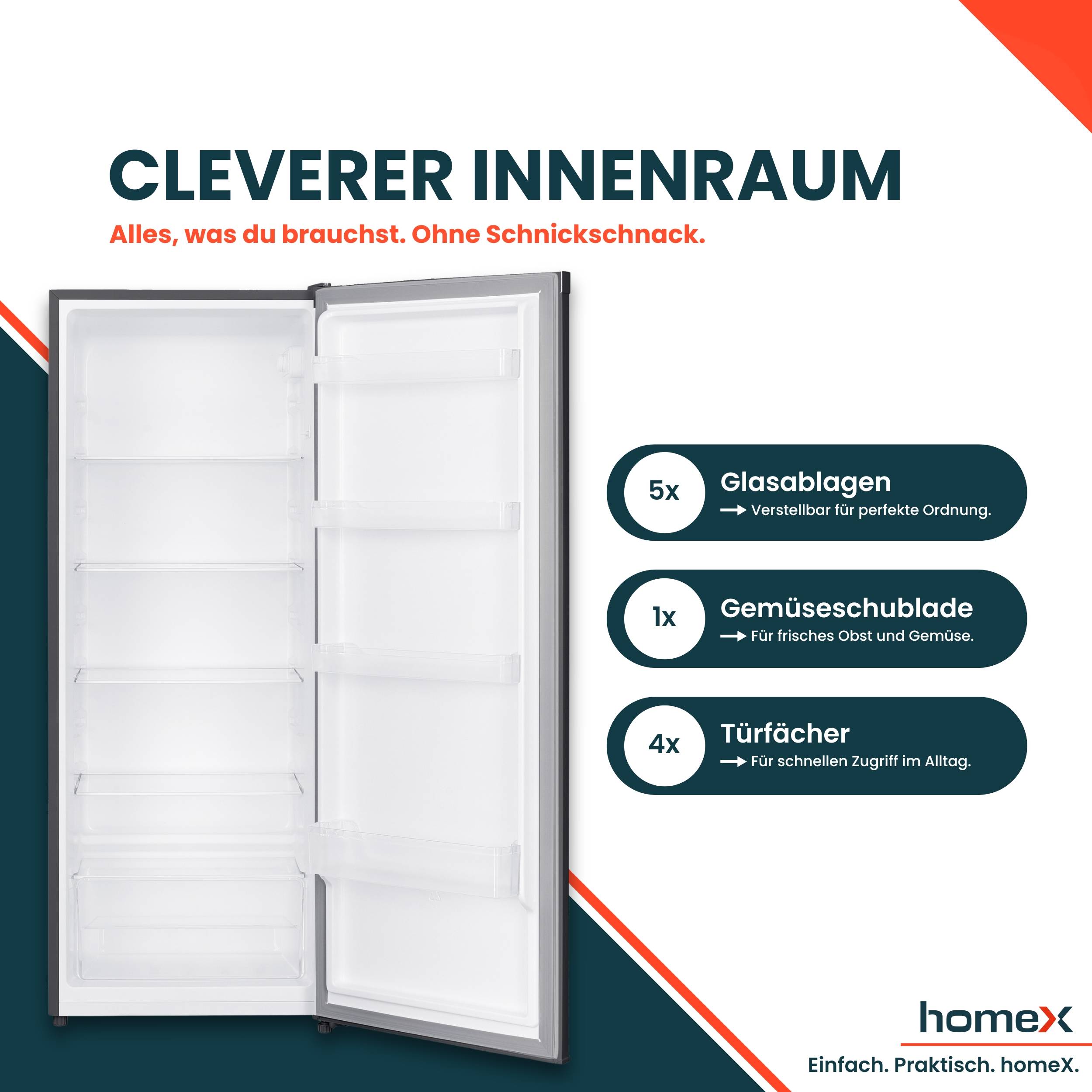 Offener Kühlschrank mit verstellbaren Regalen und Schubladen, beschriftet mit Vorteilen: '5x Glasablagen', '1x Gemüseschublade', '4x Türfächer'.