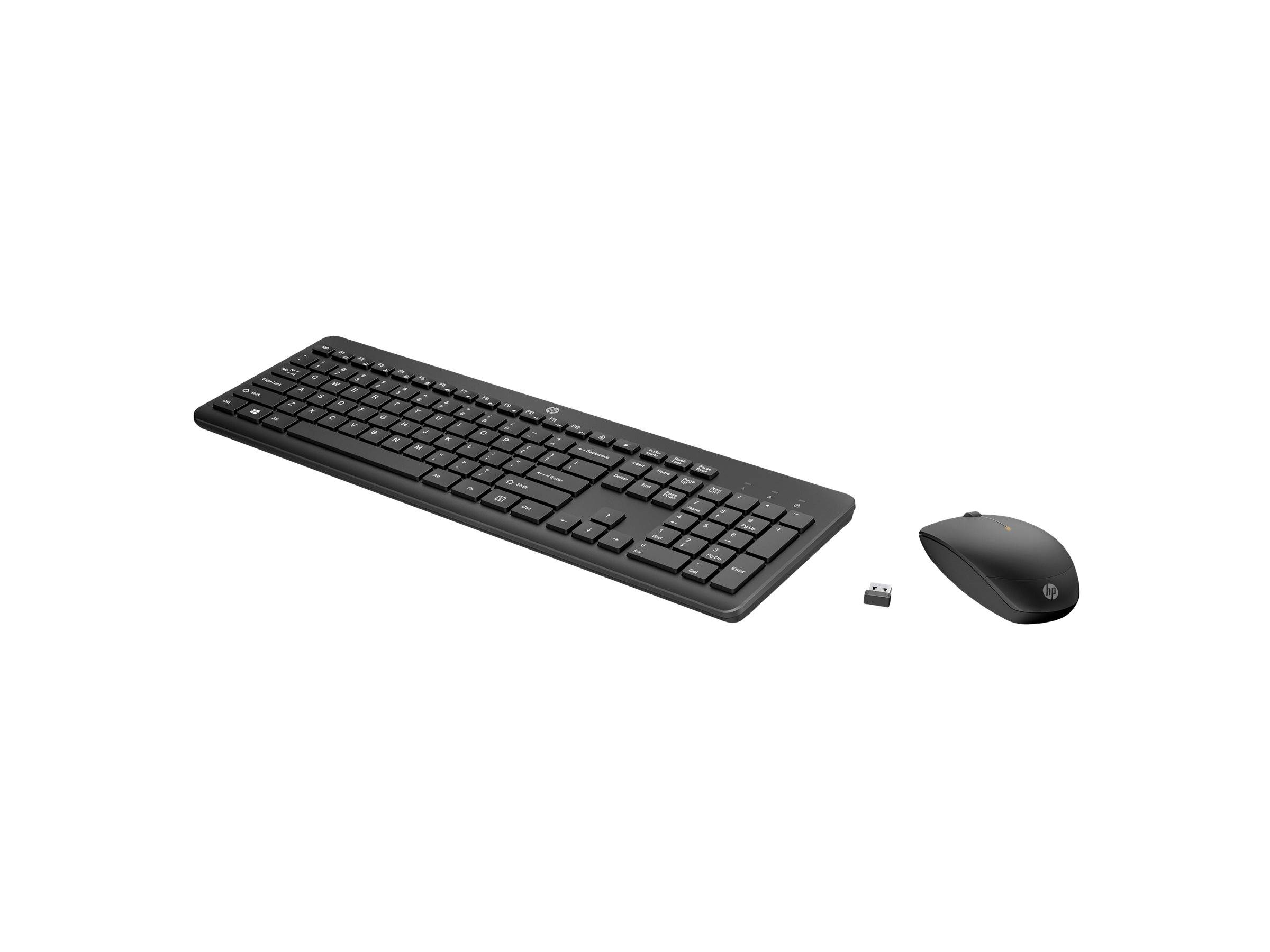 Ein schwarzes kabelloses Tastatur- und Mausset, einschließlich USB-Empfänger. Die Tastatur hat Standard-Tasten, und die Maus ist ergonomisch.