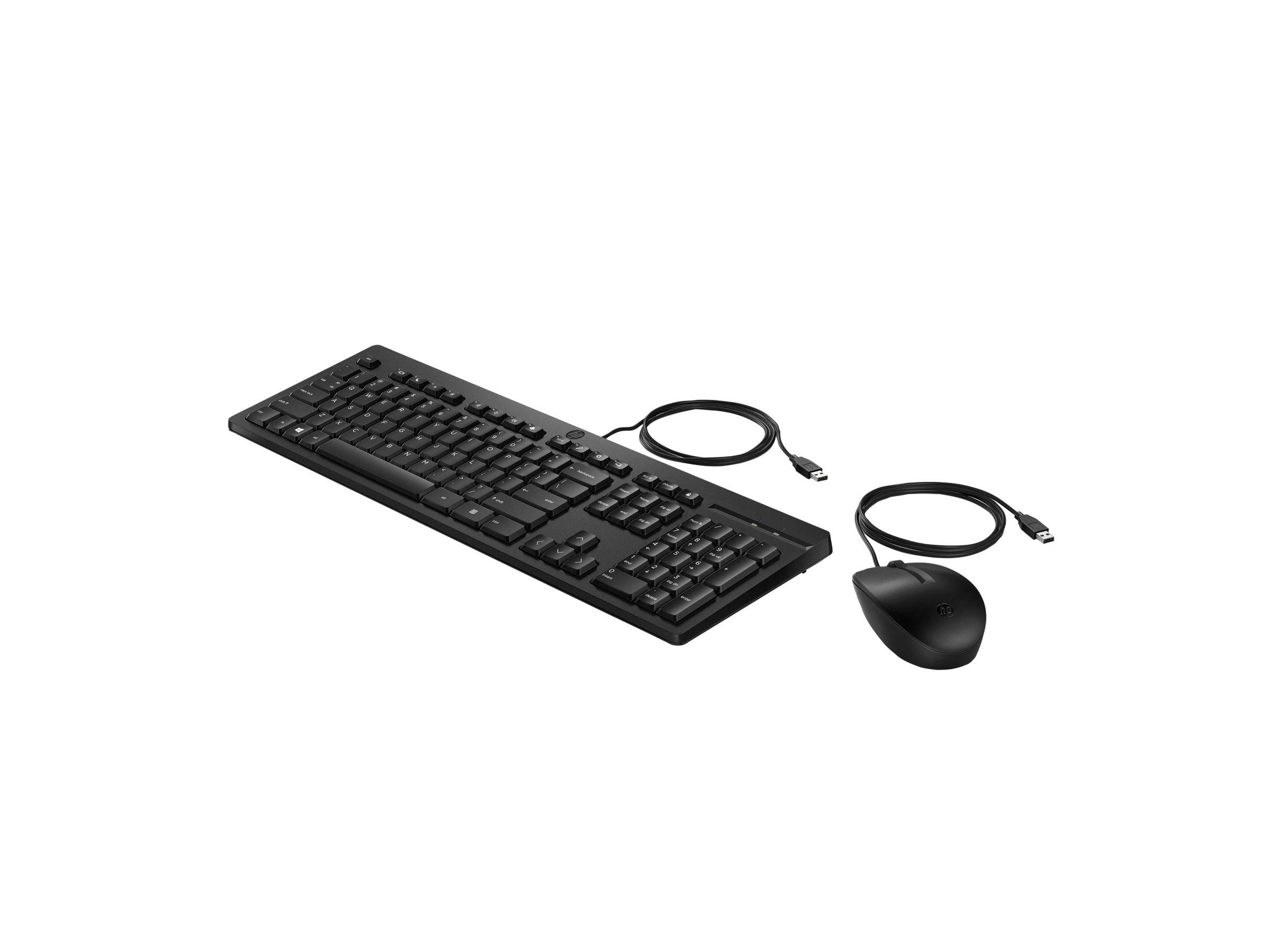 Ein schwarzes kabelgebundenes Tastatur- und Mausset mit USB-Kabeln neben jedem Gerät, geeignet für die Computernutzung.