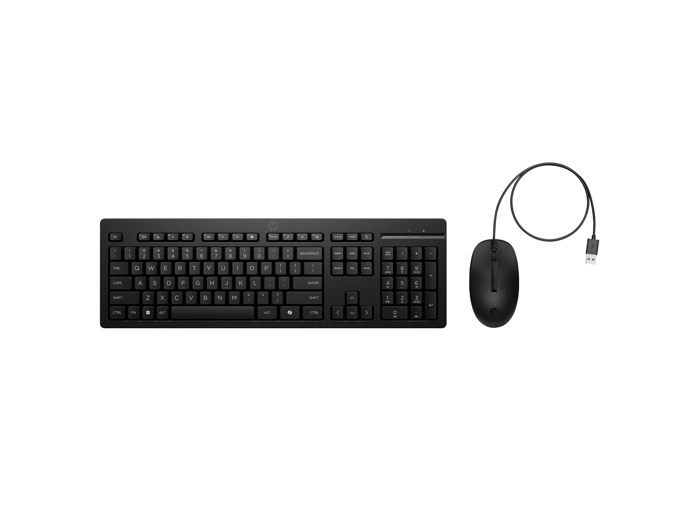 Schwarze Tastatur und kabelgebundene Maus mit USB-Stecker, nebeneinander auf weißem Hintergrund angeordnet.