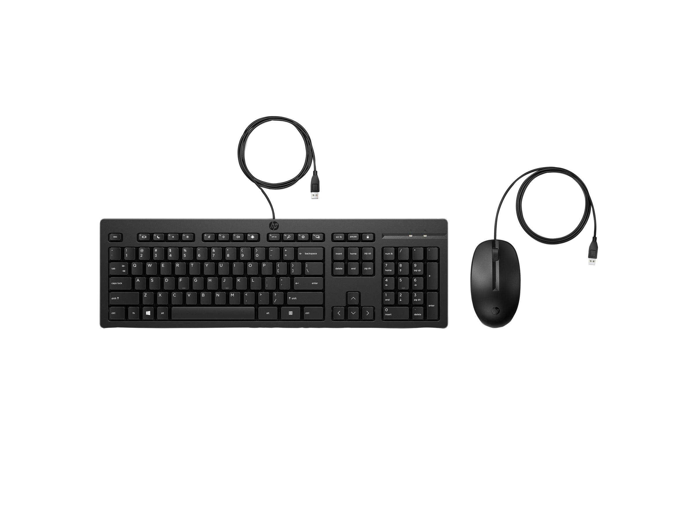 Schwarzes Tastatur- und Mausset mit Kabel, USB-Anschlüsse angebracht, auf weißem Hintergrund angeordnet.