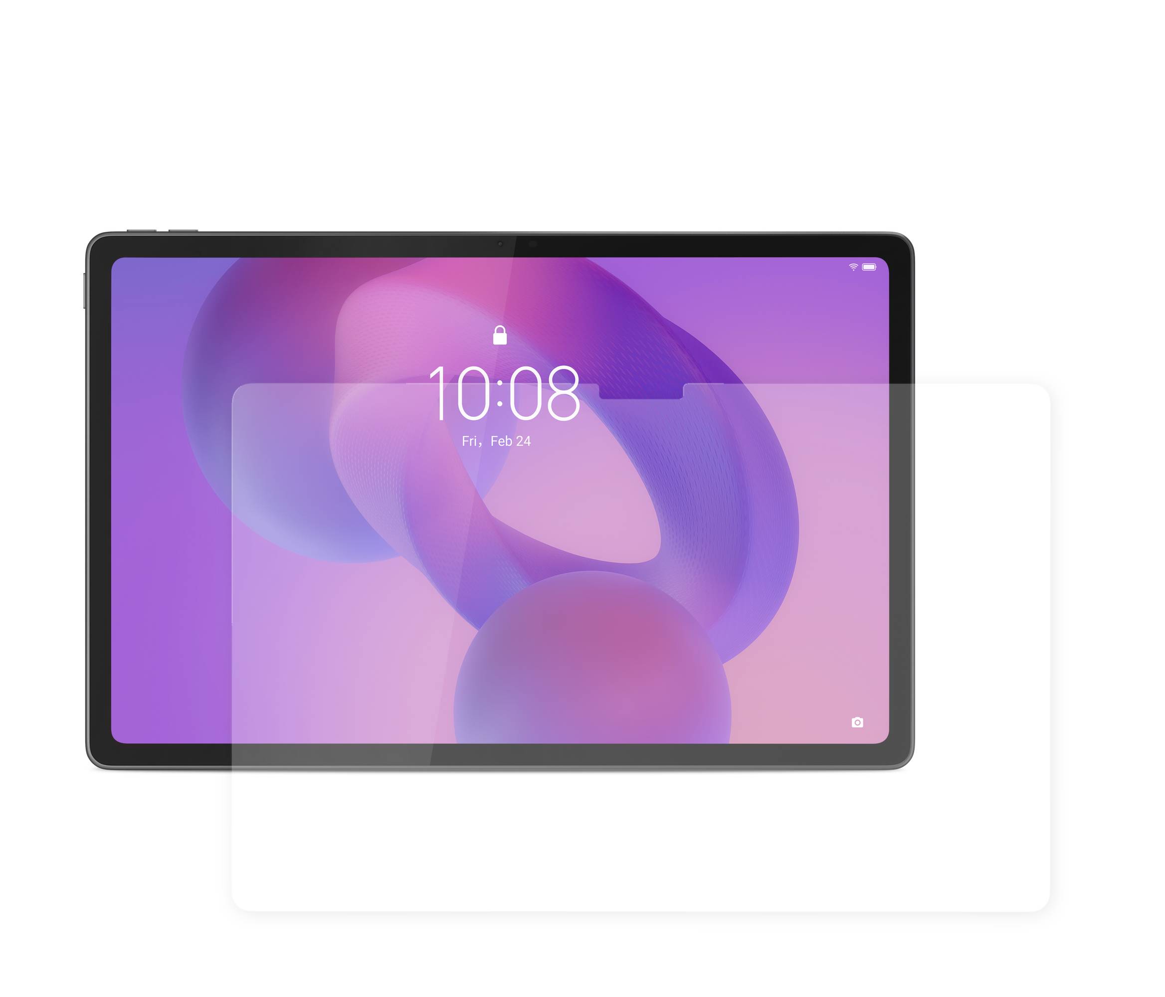 Tablet mit einem rosa- und violetten abstrakten Hintergrund, zeigt das Datum „Fri, Feb 24