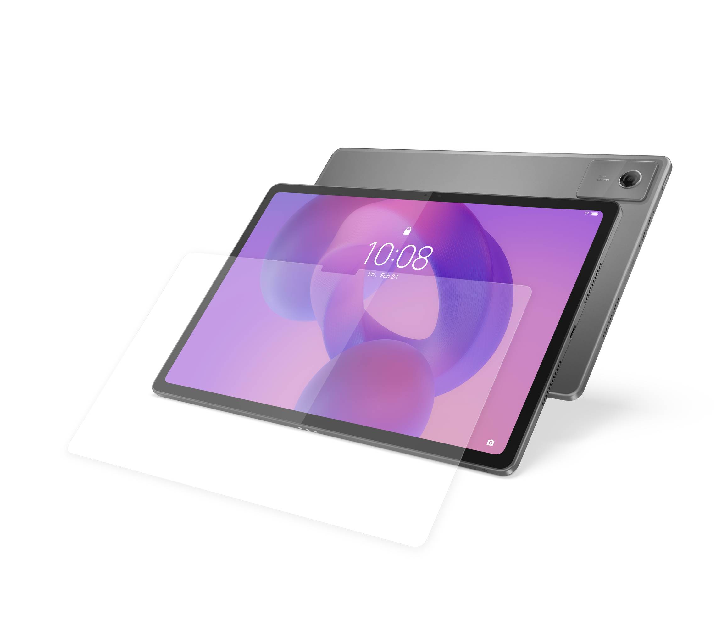Tablet in schräger Position mit dunklem Displayschutzfilm, der gerade angebracht wird, gezeigt mit grauem Gehäuse oder Schutzcover dahinter vor schwarzem Hintergrund.