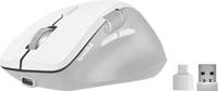 Eine grau-weiße ergonomische Computermaus mit einem Scrollrad und zwei Seitentasten, entwickelt für eine komfortable Handpositionierung.