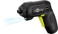 Ein schwarzer elektrischer Schraubendreher mit gelbem Griff, Marke „goobay