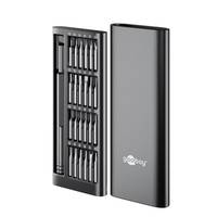 Ein kompaktes Werkzeugset mit eleganter schwarzer Tasche, bestehend aus einem Schraubendrehergriff und zahlreichen austauschbaren Bits, konzipiert für Präzisionsarbeiten.