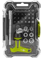 Ein Werkzeugsatz in einem durchsichtigen Behälter, der mehrere Bohrer und Steckschlüssel zeigt, mit sichtbarem Markennamen.