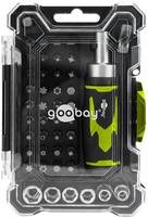 Werkzeugsatz mit einem Schraubendreher und verschiedenen Bits in einem transparenten Kunststoffkoffer, mit 'goobay'-Branding und einem grün-schwarzen Farbschema.