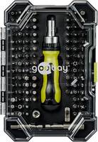 Ein Schraubendrehersatz mit verschiedenen Bits, die in einem Etui angeordnet sind. Der Satz umfasst einen Griff und zahlreiche austauschbare Köpfe für verschiedene Schrauben.