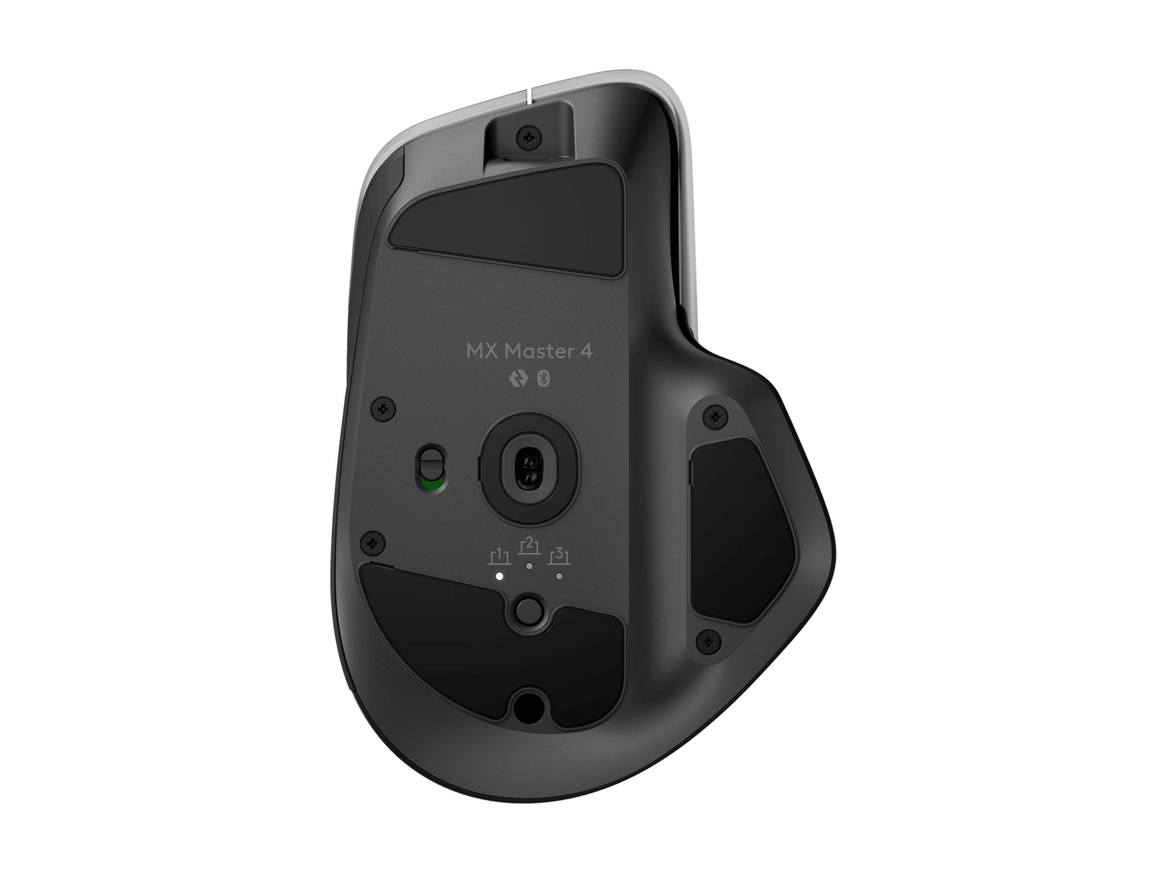 Unteransicht einer schwarzen Logitech MX Master 4 Maus mit Sensor, Ein-/Ausschalter, Schraubenpunkten und Unterseiten-Paneelen.