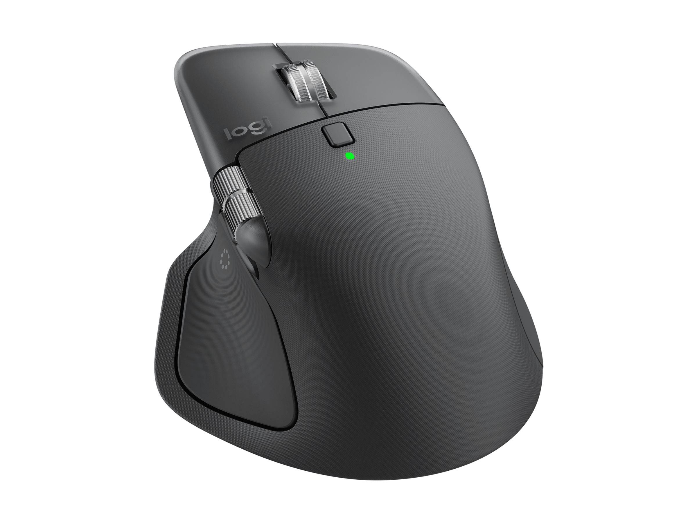 Schwarze ergonomische kabellose Logitech-Maus mit Scrollrad, seitlichen Daumentasten und grünem Statuslicht auf weißem Hintergrund