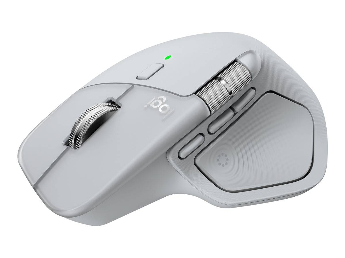 Eine elegante, ergonomische, weiße Computermaus mit programmierbaren Tasten und einem Scrollrad, entworfen für Präzision und Komfort.