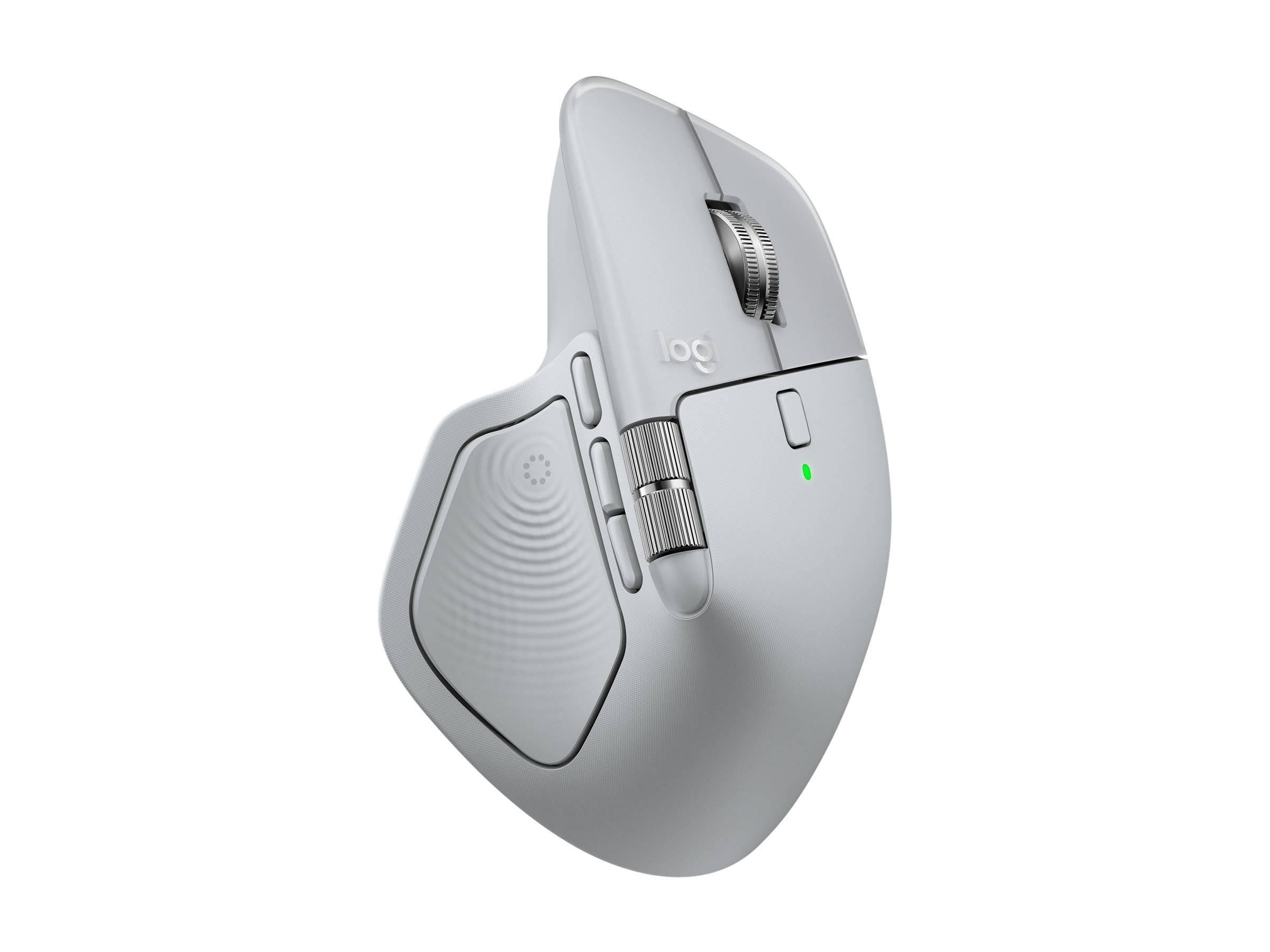 Ergonomische kabellose Computermaus mit mehreren Tasten, Scrollrad und schlankem Design, in einem Winkel geneigt, vor weißem Hintergrund.