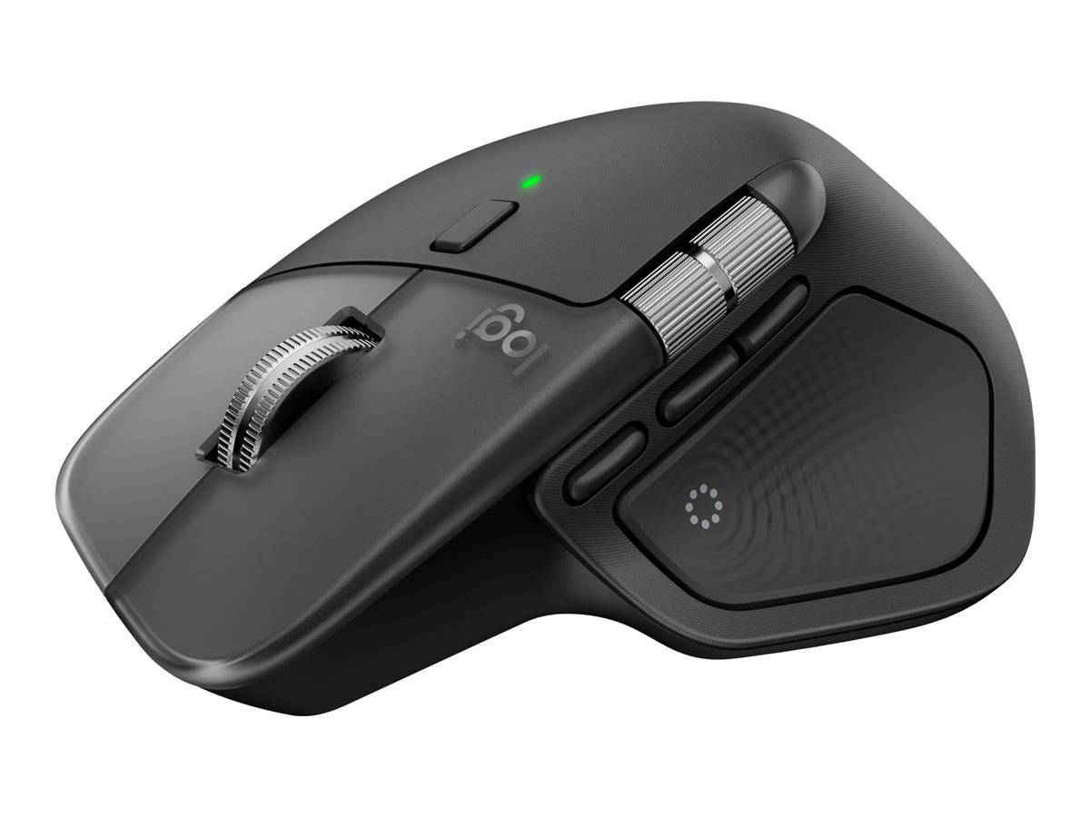 Eine schwarze, ergonomische Computermaus mit Scrollrad, zusätzlichen Seitentasten und einer Daumenstütze, entwickelt für komfortables längeres Arbeiten.