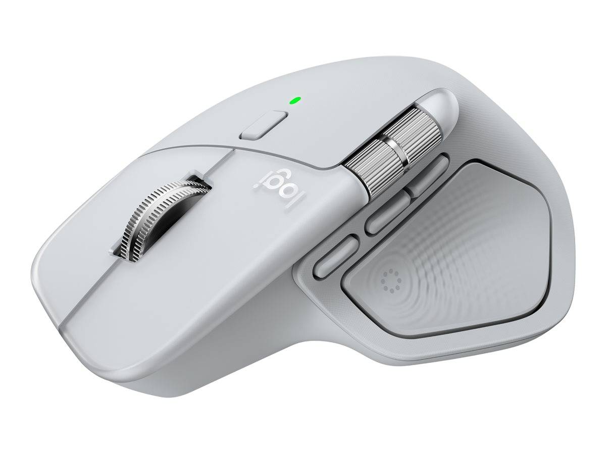 Eine schlanke, weiße ergonomische Computermaus mit mehreren Tasten und einem Scrollrad, entworfen für erhöhten Benutzerkomfort und Produktivität.