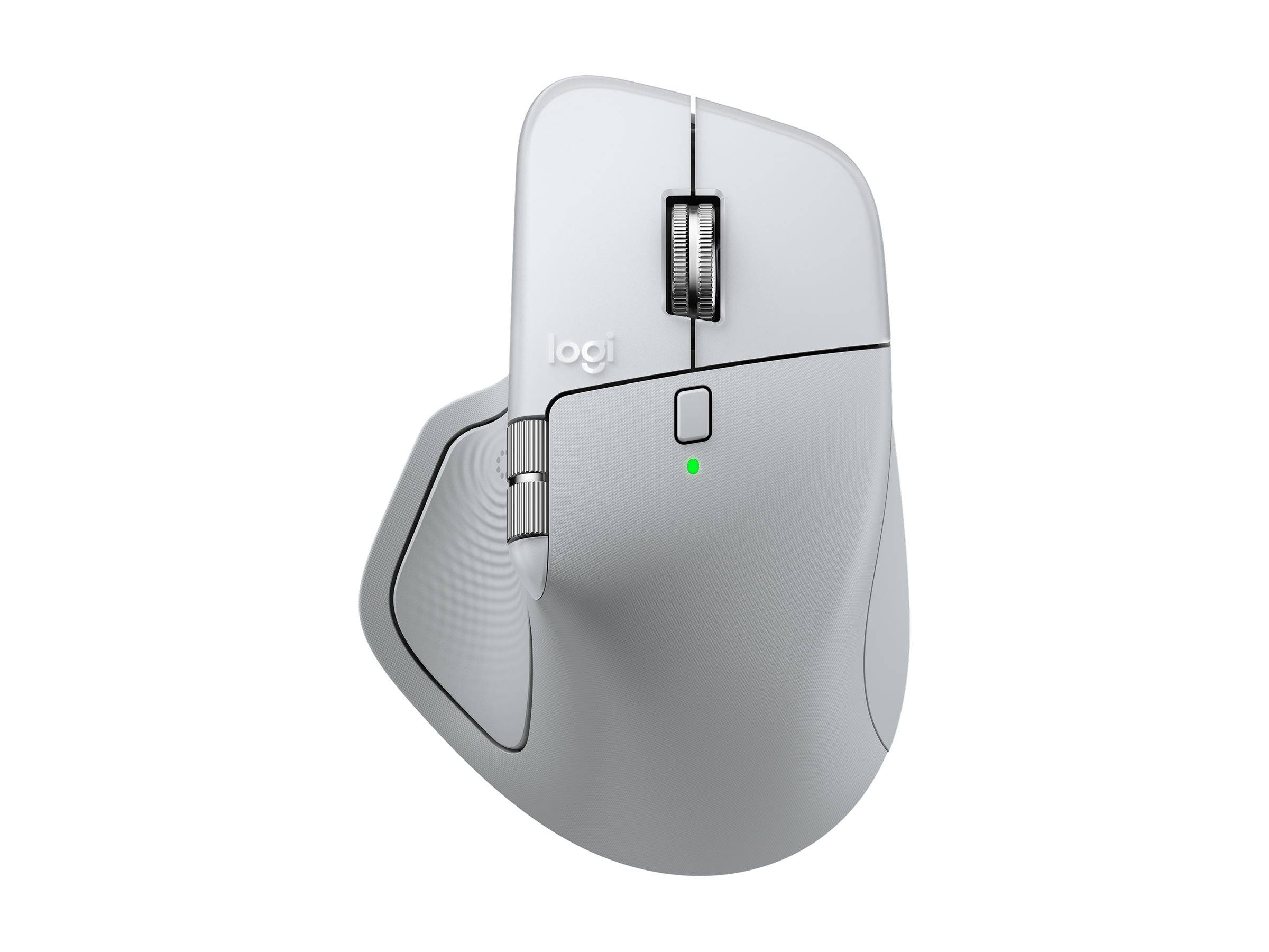 Eine schlanke, ergonomische weiße Computermaus mit Scrollrad und Seitentasten, entwickelt für komfortables und effizientes Arbeiten.