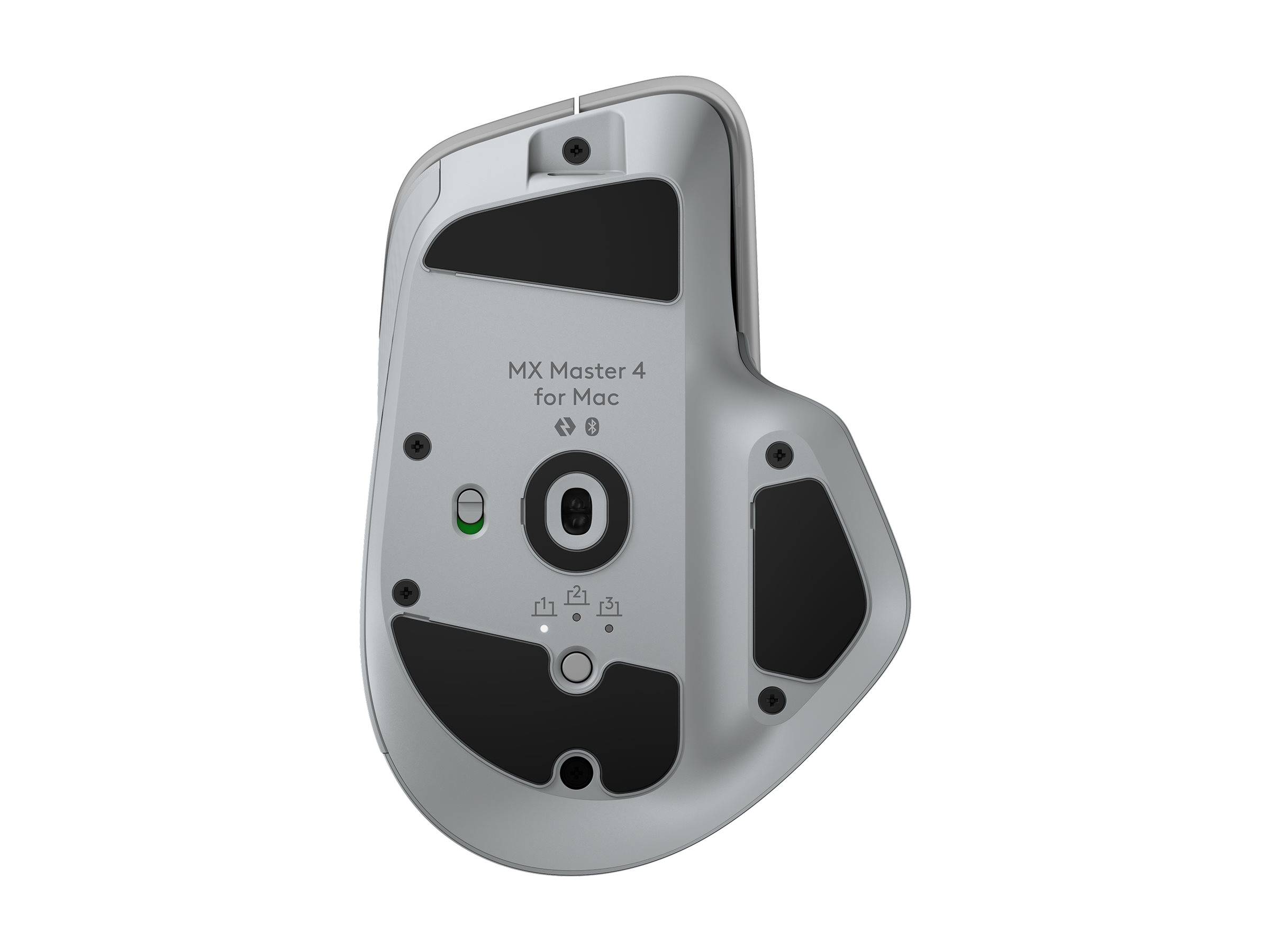 Unteransicht einer grauen Computermaus mit der Bezeichnung „MX Master 4 for Mac