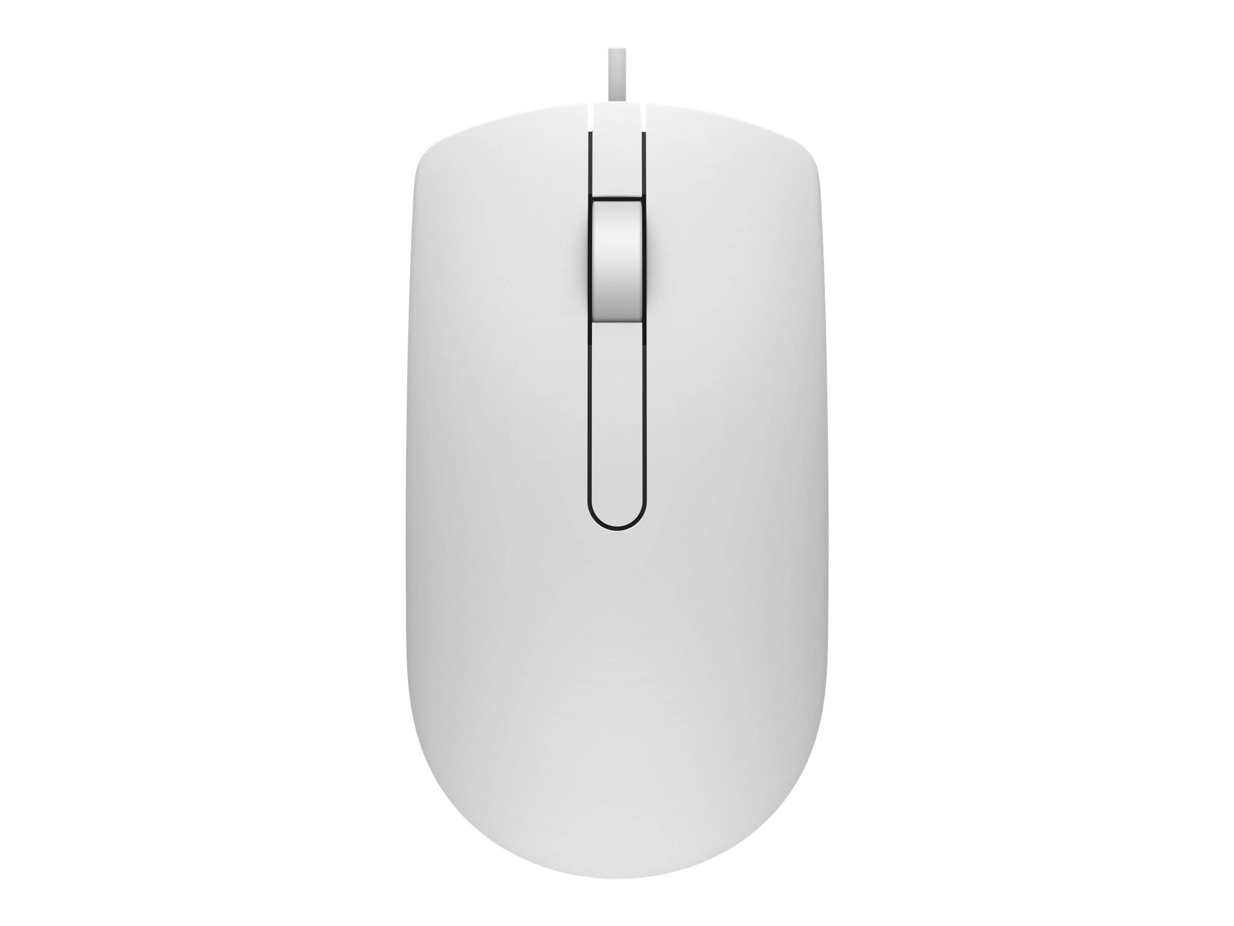 Weiße kabelgebundene Computermaus von oben auf einfachem Hintergrund dargestellt.