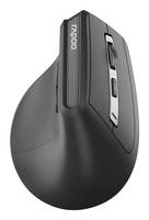 Eine schwarze ergonomische vertikale Computermaus mit Seitentasten und einem Scrollrad, entwickelt um Handgelenkbelastung während der Nutzung zu reduzieren.