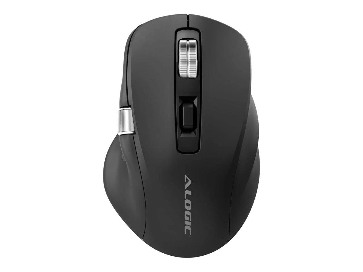 Eine schwarze kabellose Computermaus mit Scrollrad und Seitentaste. Der Markenname „ALOGIC