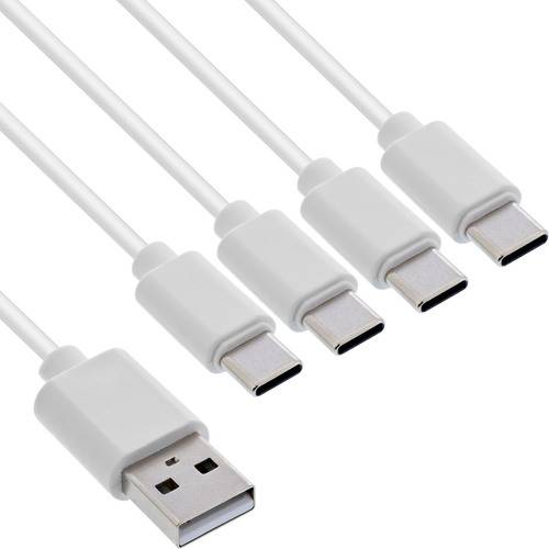 Fünf weiße USB-C-Kabel mit je einem Standard-USB-Kabelende, in einer Reihe angeordnet, wobei die Stecker hervorgehoben sind.