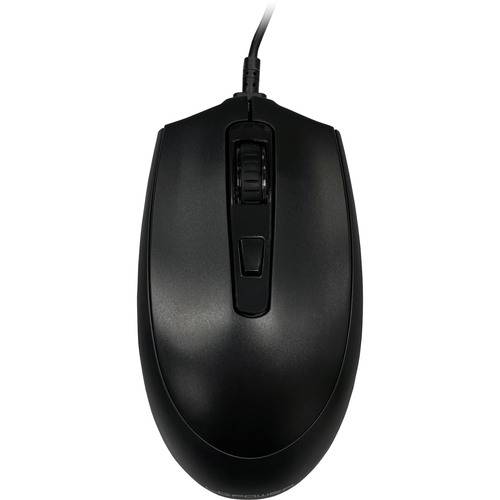 Eine schwarze Computermaus mit Scrollrad, verbunden durch ein Kabel, von oben betrachtet vor einem einfachen Hintergrund.