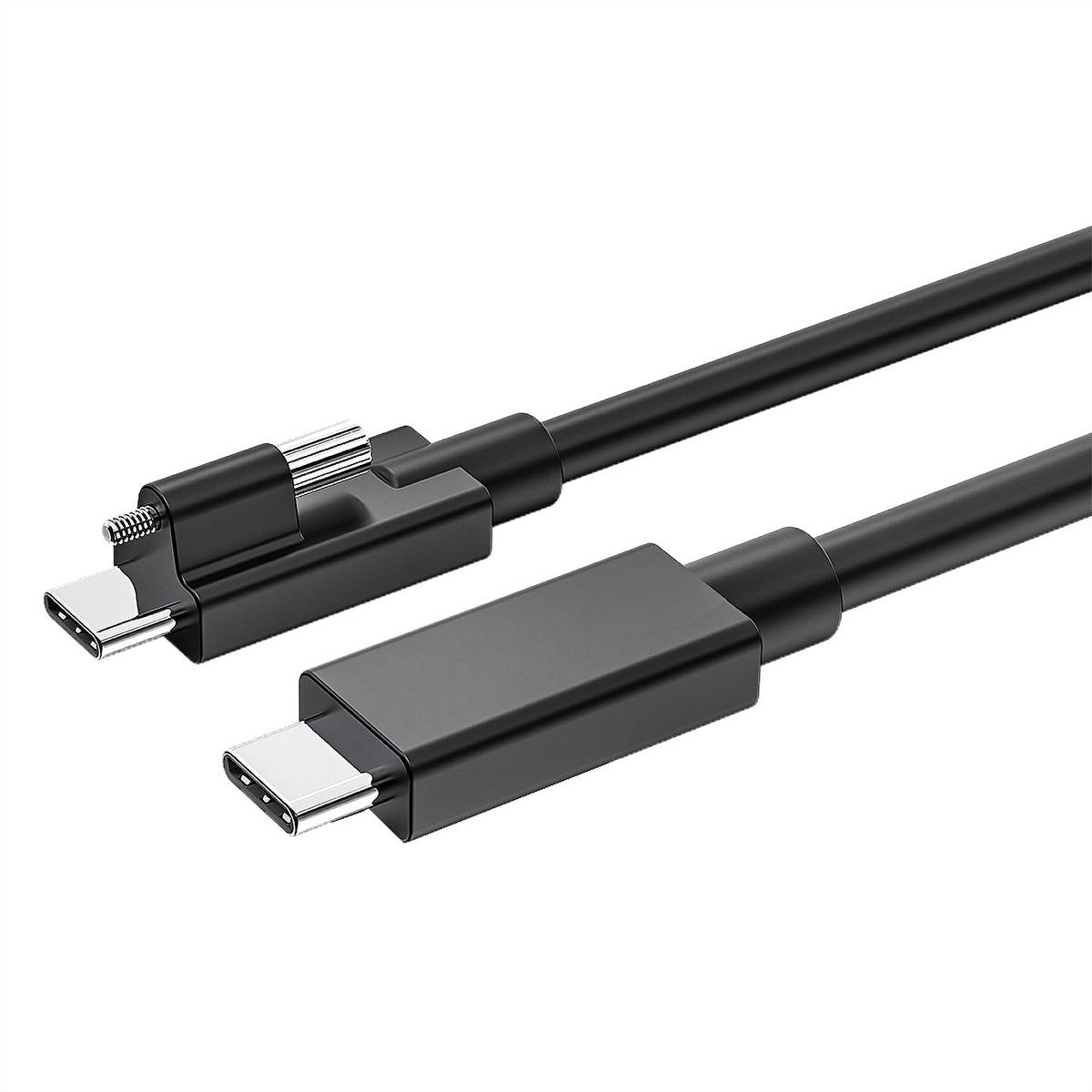 Ein schwarzes Kabel mit austauschbaren USB-C- und Lightning-Anschlüssen für vielseitige Lademöglichkeiten.