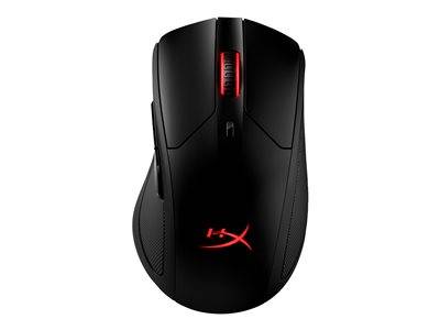 Eine schwarze Gaming-Maus mit rotem Scrollrad und beleuchtetem Logo, mit sechs programmierbaren Tasten an der Seite und oben.