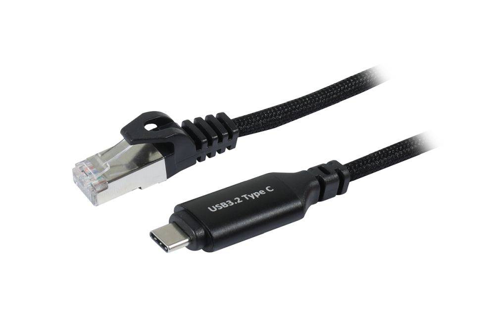 Ein USB-3.2-Typ-C-zu-Ethernet-Adapterkabel, das einen USB-C-Anschluss an einem Ende und einen Ethernet-RJ-45-Stecker am anderen Ende zeigt.