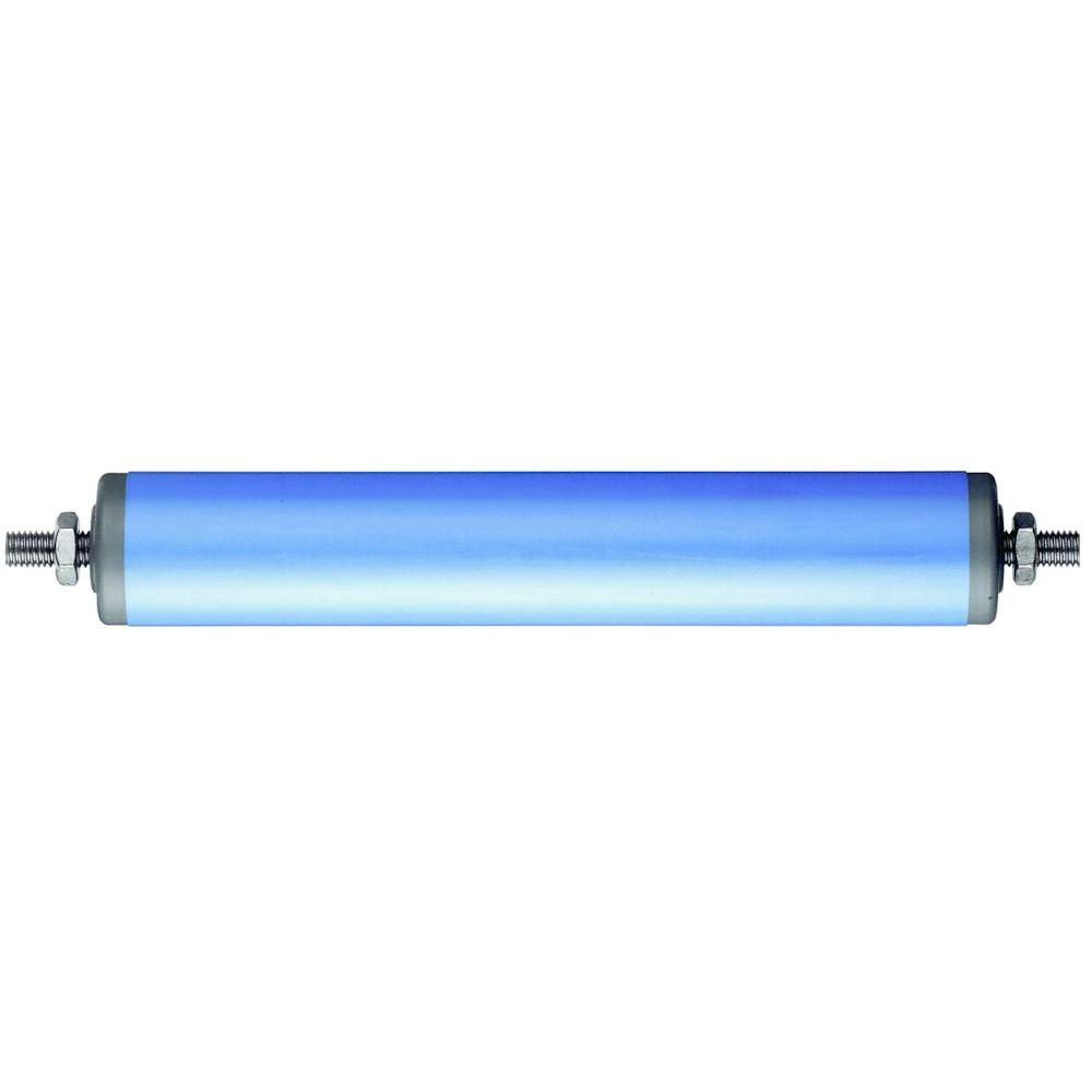 Blauer zylindrischer Roller mit gewindeförmigen Metallschäften an beiden Enden, isoliert auf weißem Hintergrund dargestellt.